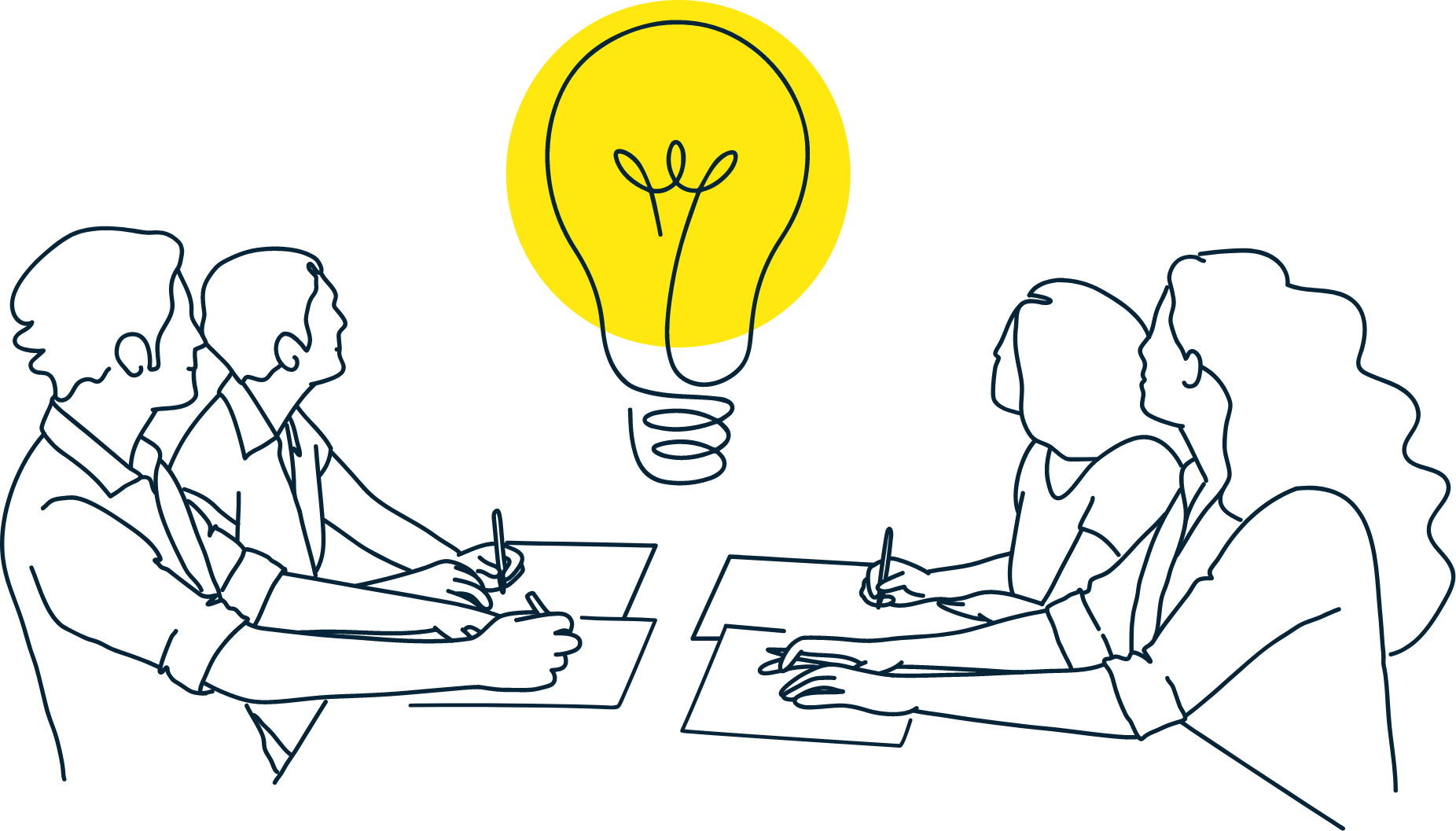 Illustration of four people sitting at a table taking notes and looking up at a bright lightbulb that represents ideas